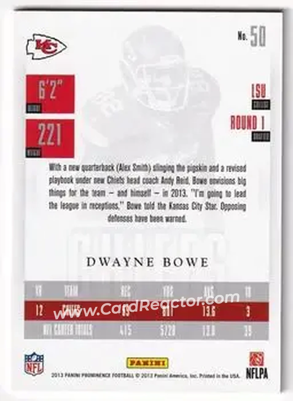 2013 Panini Prominence - Gold #50 - Dwayne Bowe - Kansas City Chiefs - Back