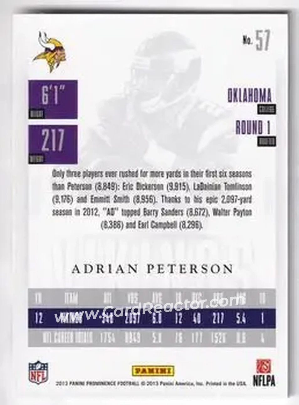 2013 Panini Prominence - Gold #57 - Adrian Peterson - Minnesota Vikings - Back