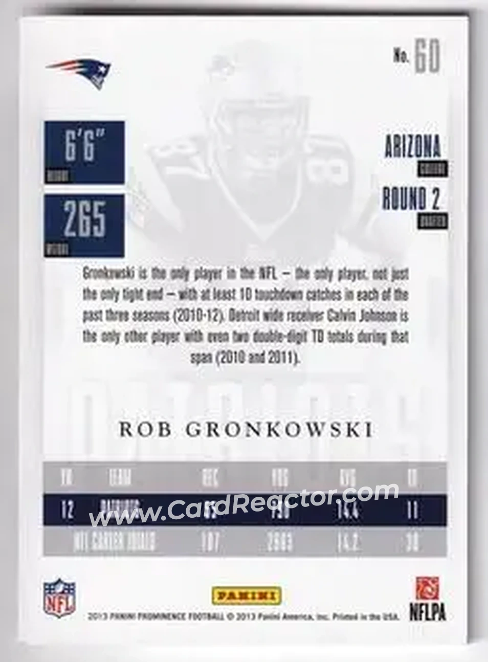 2013 Panini Prominence - Gold #60 - Rob Gronkowski - New England Patriots - Back