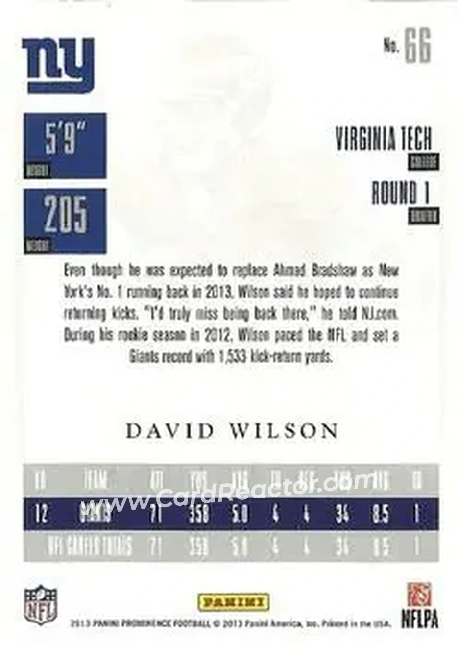 2013 Panini Prominence - Gold #66 - David Wilson - New York Giants - Back