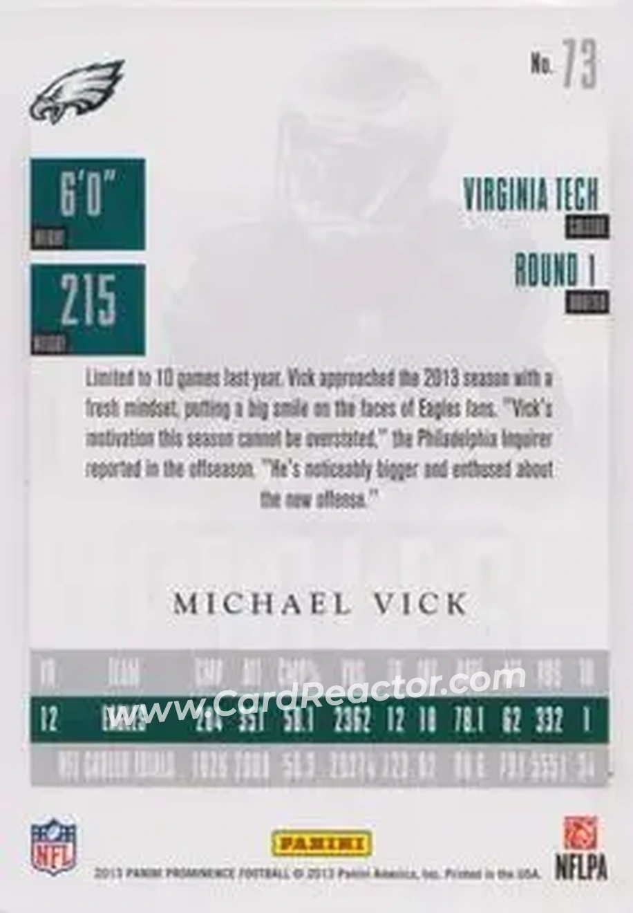 2013 Panini Prominence - Gold #73 - Michael Vick - Philadelphia Eagles - Back