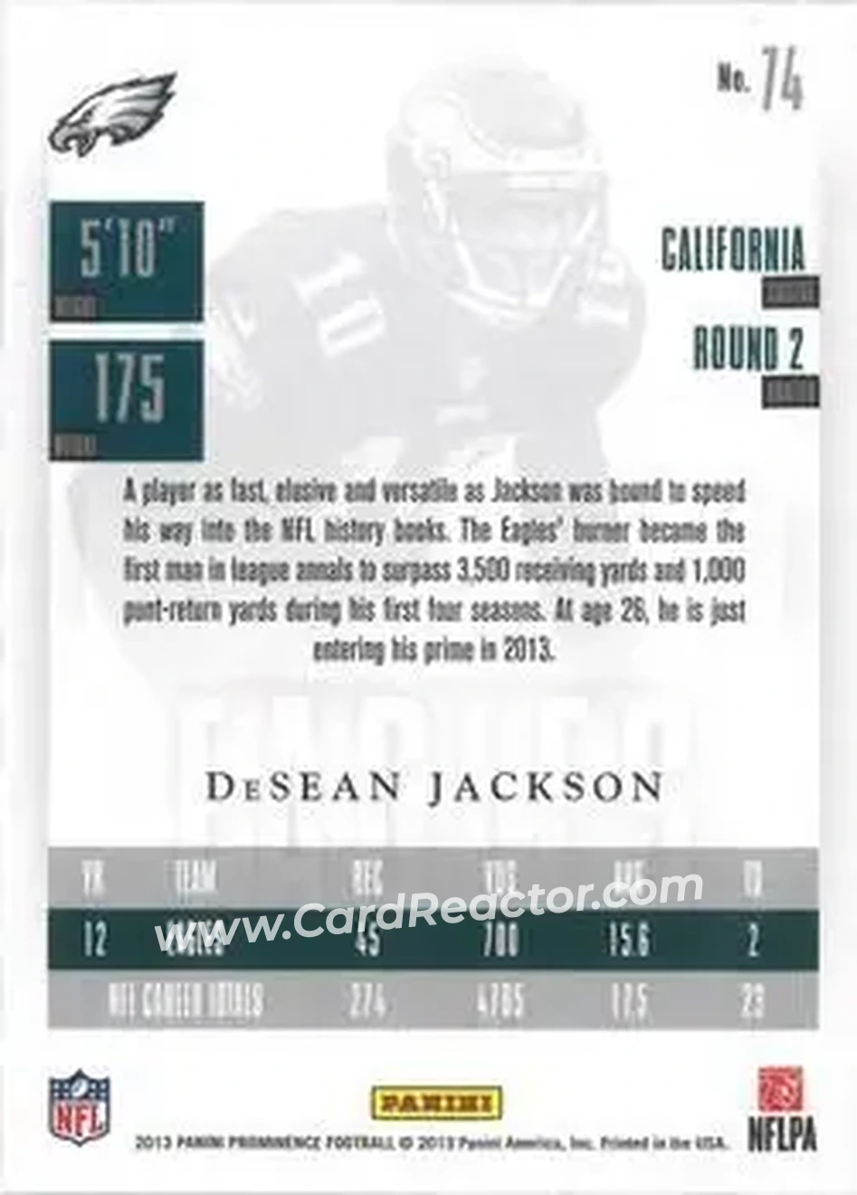 2013 Panini Prominence - Gold #74 - DeSean Jackson - Philadelphia Eagles - Back
