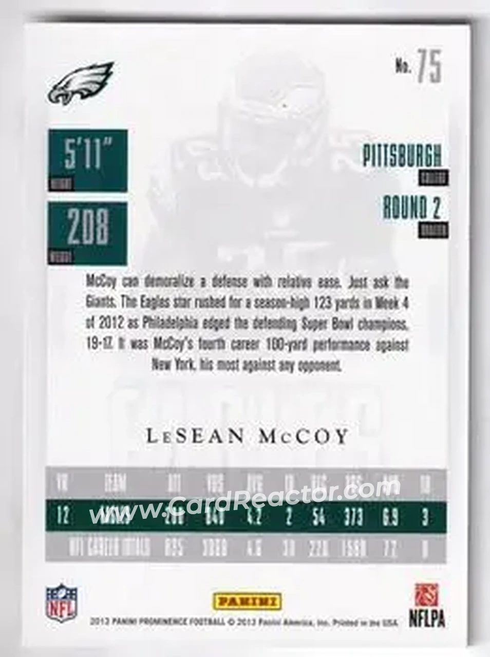 2013 Panini Prominence - Gold #75 - LeSean McCoy - Philadelphia Eagles - Back