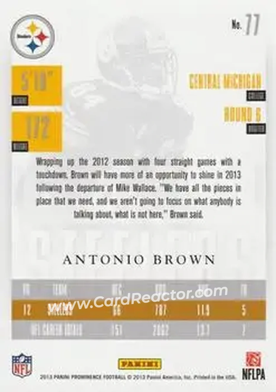 2013 Panini Prominence - Gold #77 - Antonio Brown - Pittsburgh Steelers - Back