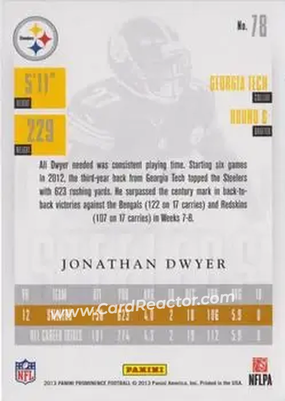 2013 Panini Prominence - Gold #78 - Jonathan Dwyer - Pittsburgh Steelers - Back
