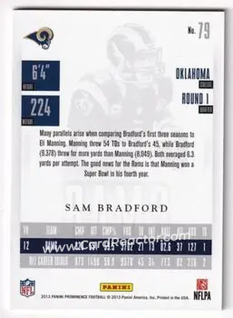 2013 Panini Prominence - Gold #79 - Sam Bradford - St. Louis Rams - Back 2013 Panini Prominence - Gold #79 - Sam Bradford - St. Louis Rams - Back