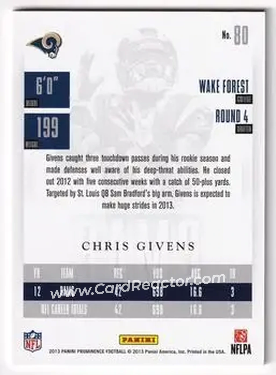 2013 Panini Prominence - Gold #80 - Chris Givens - St. Louis Rams - Back 2013 Panini Prominence - Gold #80 - Chris Givens - St. Louis Rams - Back