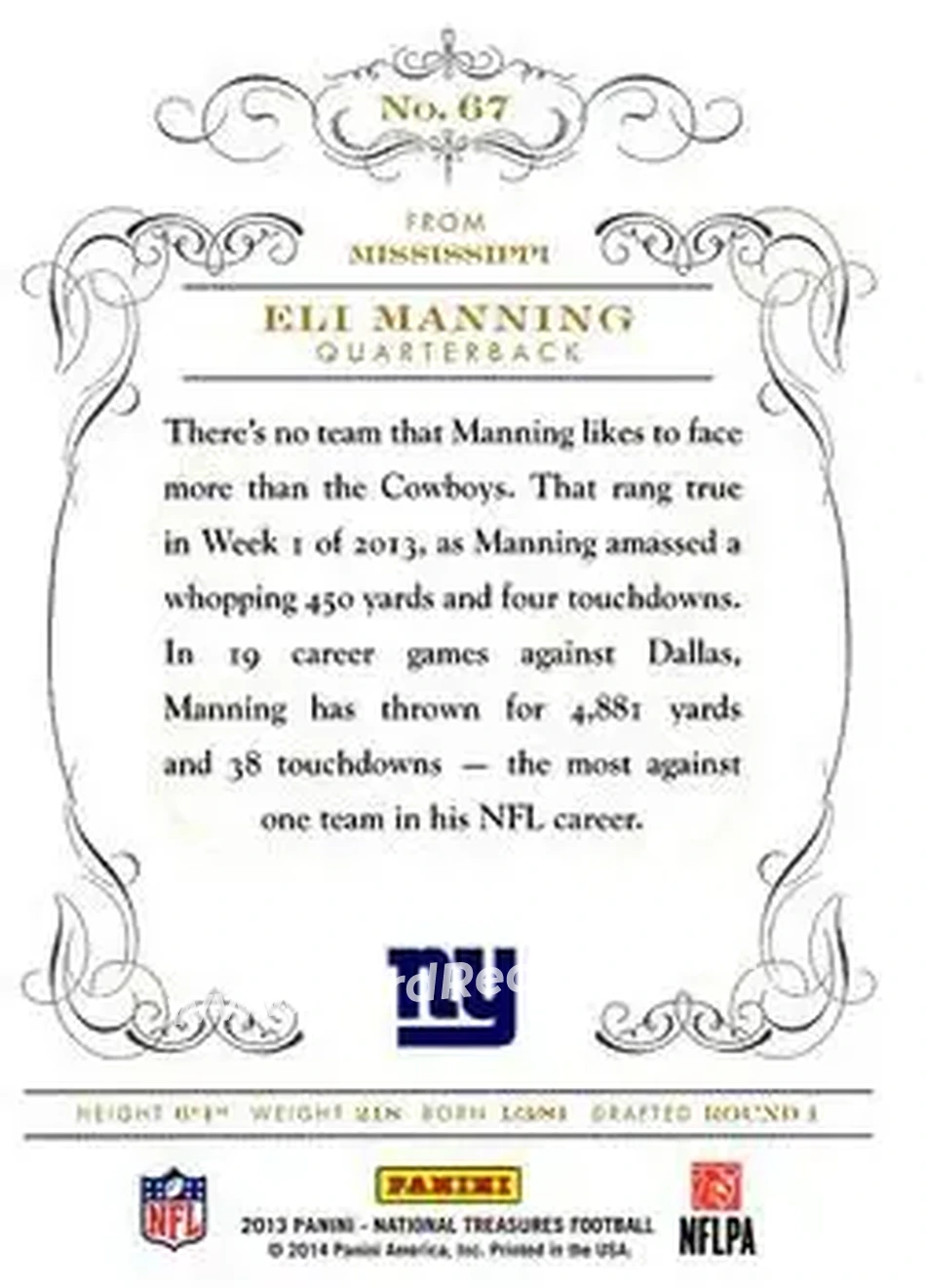 2013 Panini National Treasures - Century Gold #67 - Eli Manning - New York Giants - Back