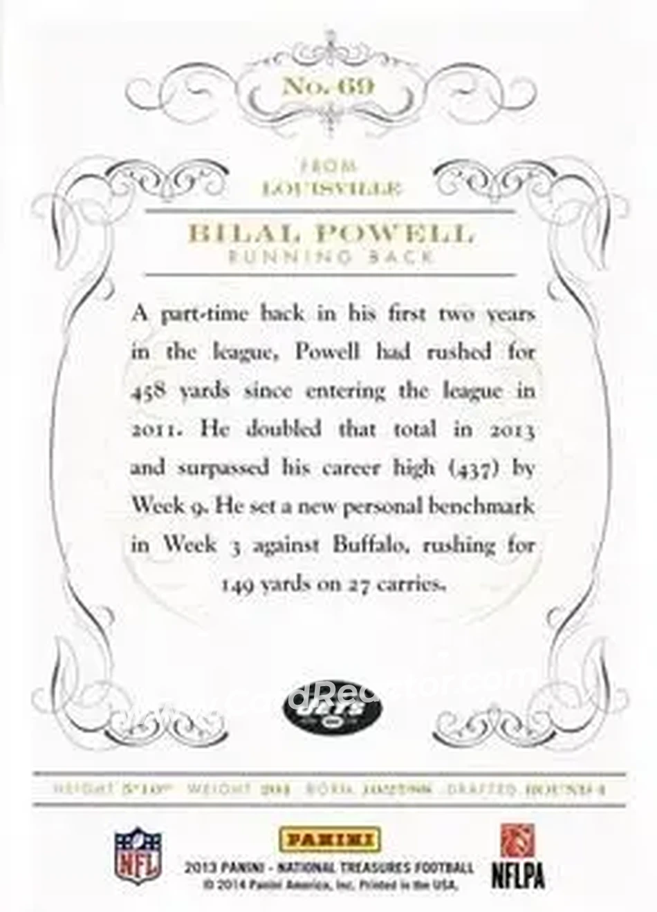 2013 Panini National Treasures - Century Gold #69 - Bilal Powell - New York Jets - Back