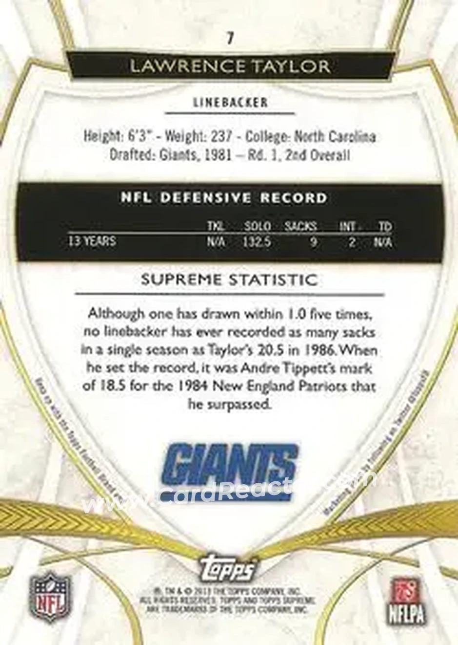 2013 Topps Supreme #7 - Lawrence Taylor - New York Giants - Back 2013 Topps Supreme #7 - Lawrence Taylor - New York Giants - Back