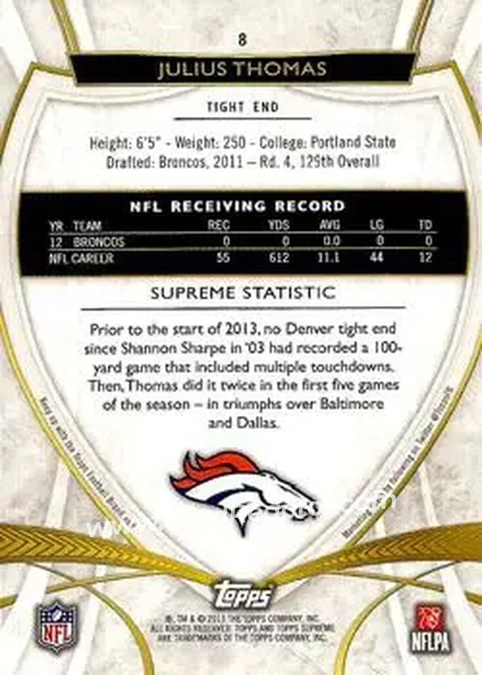 2013 Topps Supreme #8 - Julius Thomas - Denver Broncos - Back