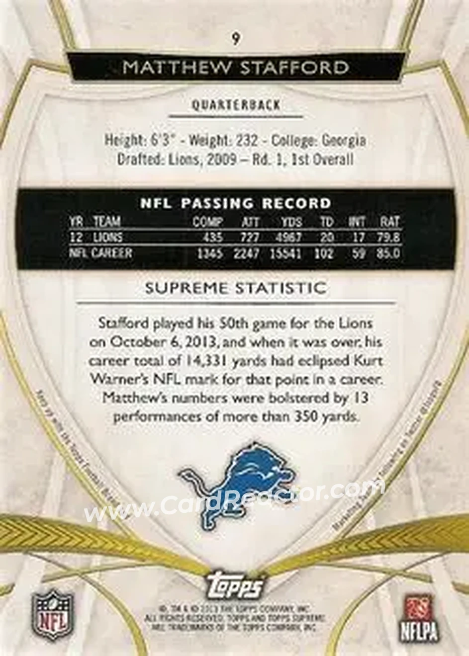 2013 Topps Supreme #9 - Matthew Stafford - Detroit Lions - Back