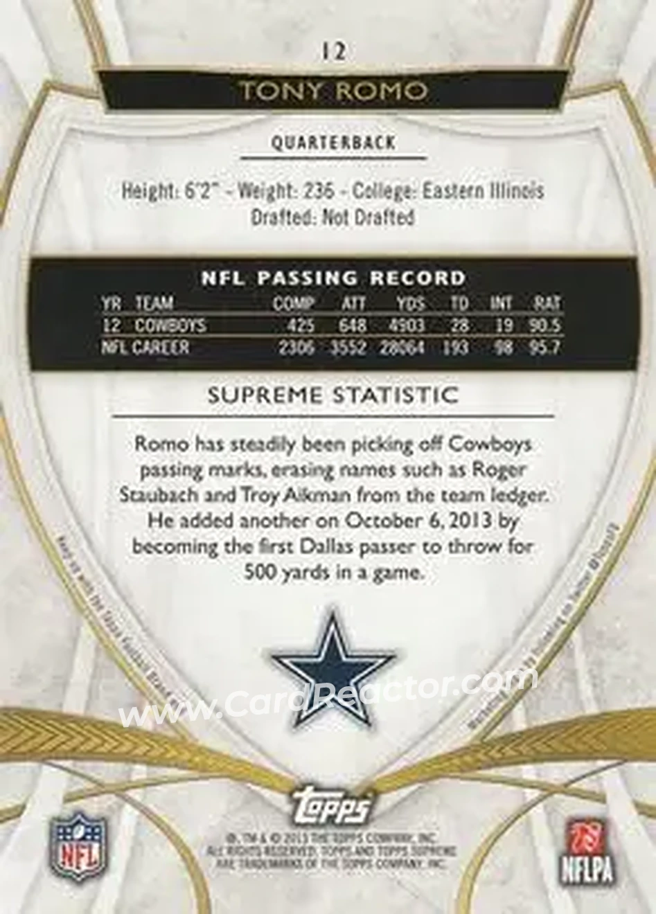 2013 Topps Supreme #12 - Tony Romo - Dallas Cowboys - Back
