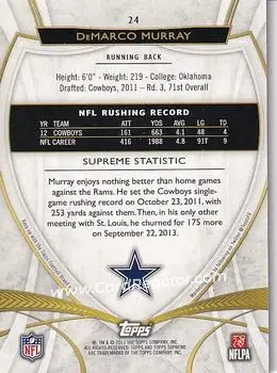 2013 Topps Supreme #24 - DeMarco Murray - Dallas Cowboys - Back 2013 Topps Supreme #24 - DeMarco Murray - Dallas Cowboys - Back