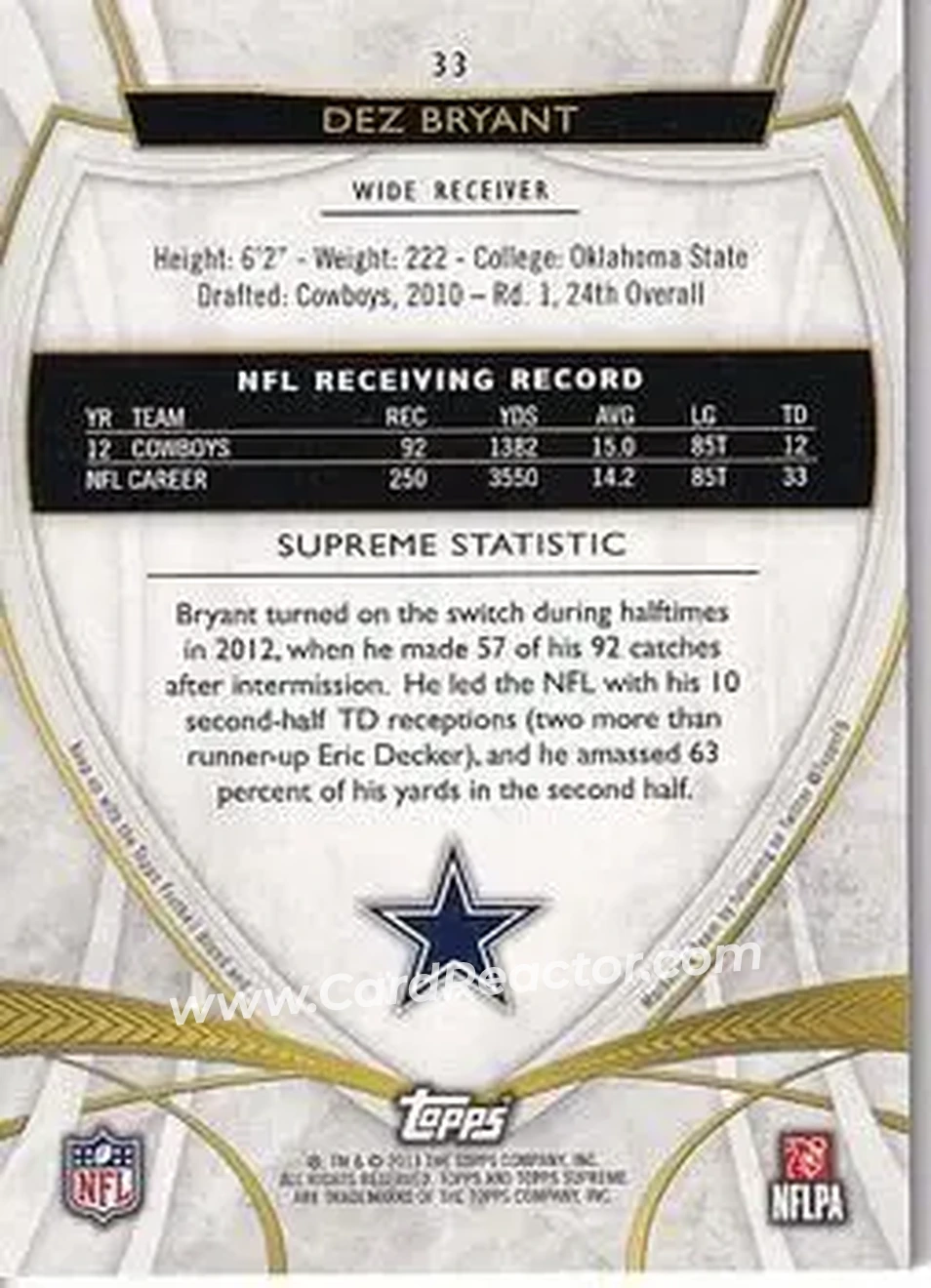 2013 Topps Supreme #33 - Dez Bryant - Dallas Cowboys - Back