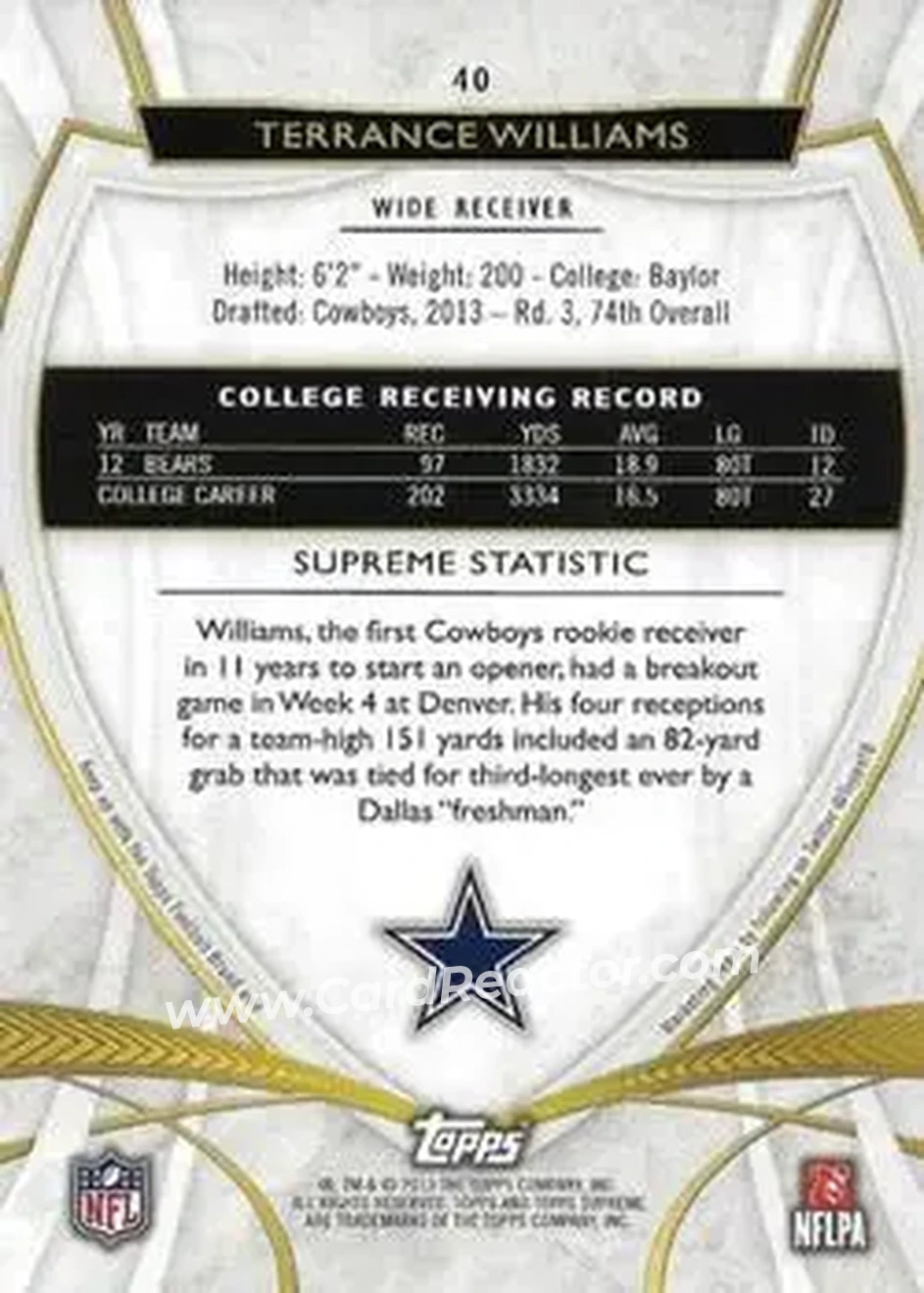 2013 Topps Supreme #40 - Terrance Williams - Dallas Cowboys - Back