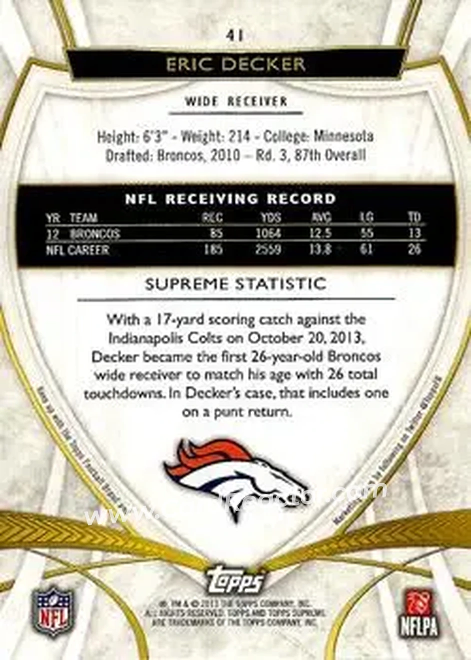 2013 Topps Supreme #41 - Eric Decker - Denver Broncos - Back 2013 Topps Supreme #41 - Eric Decker - Denver Broncos - Back