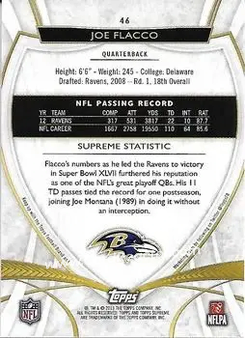 2013 Topps Supreme #46 - Joe Flacco - Baltimore Ravens - Back 2013 Topps Supreme #46 - Joe Flacco - Baltimore Ravens - Back