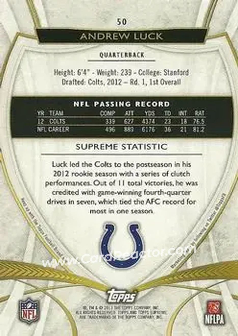 2013 Topps Supreme #50 - Andrew Luck - Indianapolis Colts - Back
