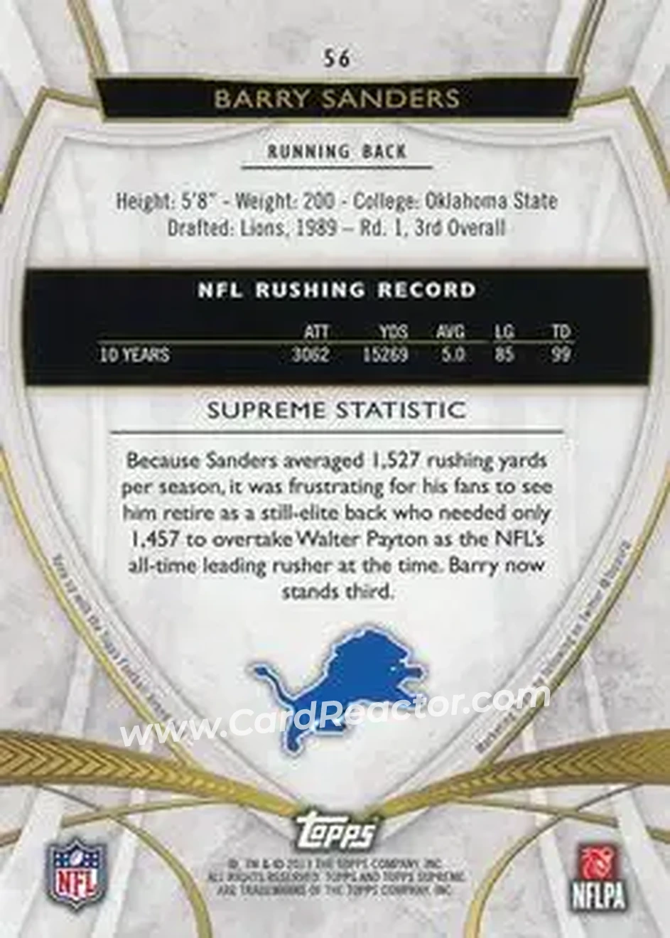 2013 Topps Supreme #56 - Barry Sanders - Detroit Lions - Back