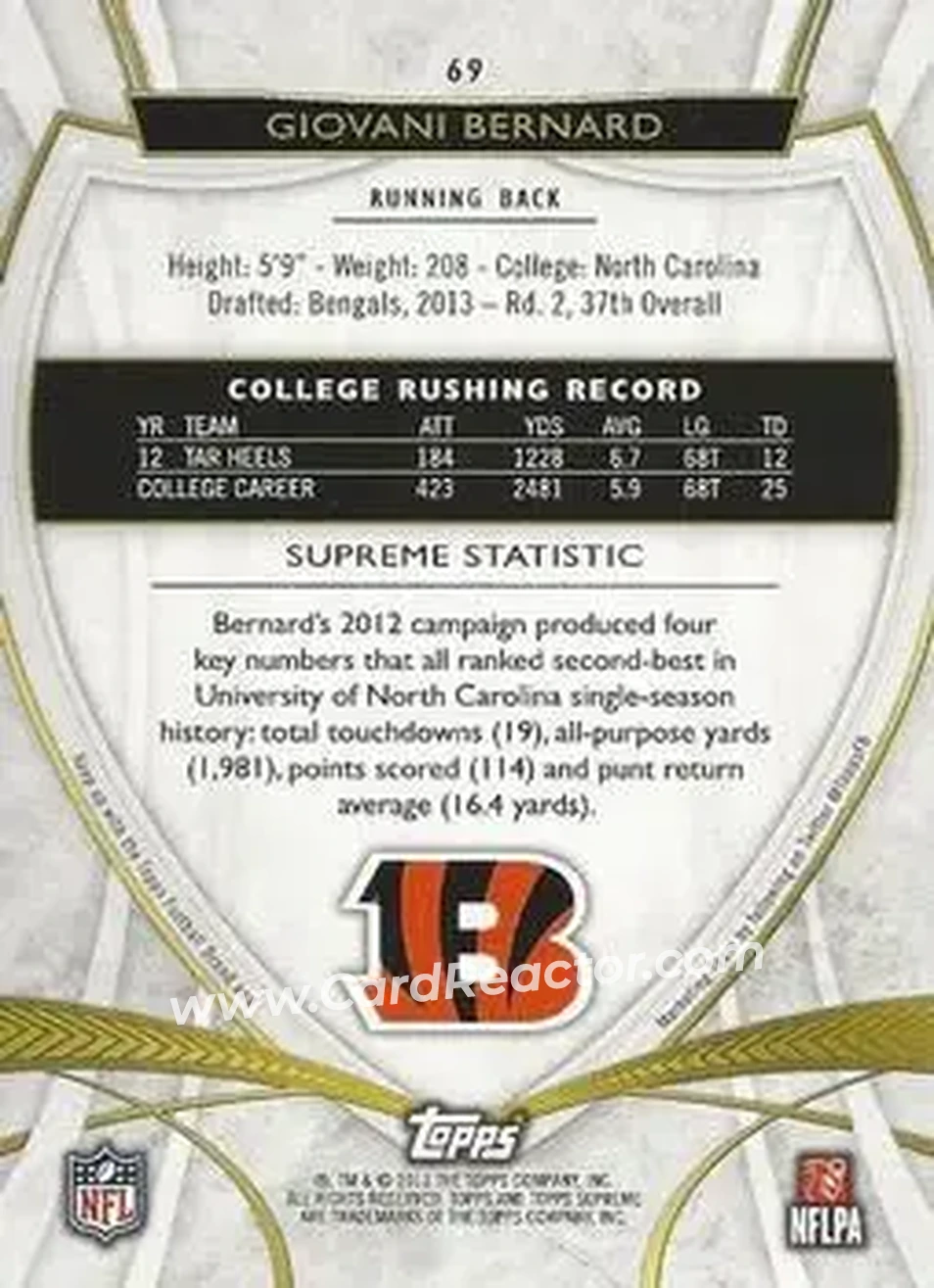 2013 Topps Supreme #69 - Giovani Bernard - Cincinnati Bengals - Back 2013 Topps Supreme #69 - Giovani Bernard - Cincinnati Bengals - Back