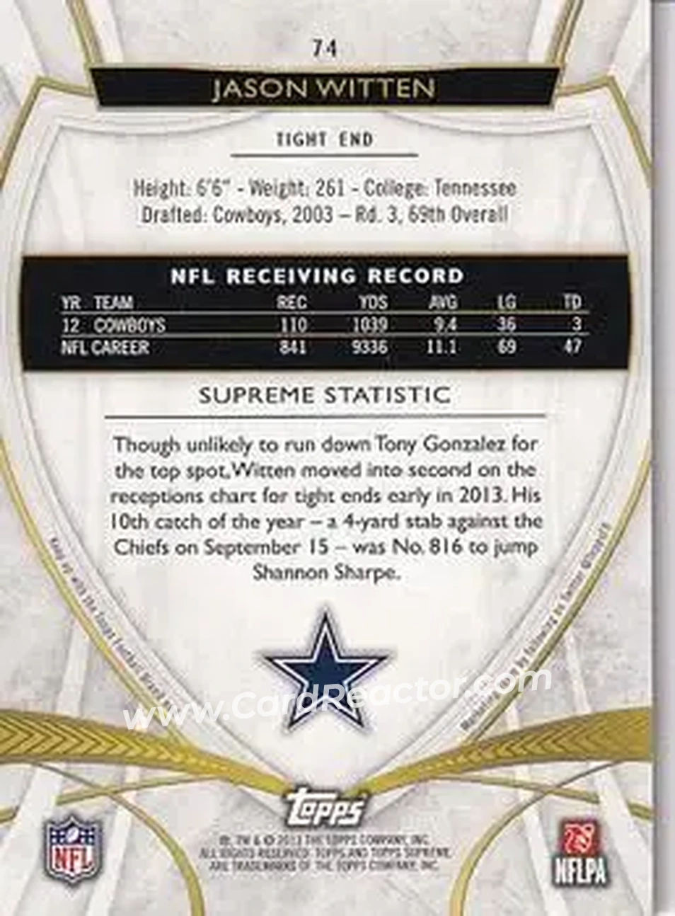 2013 Topps Supreme #74 - Jason Witten - Dallas Cowboys - Back