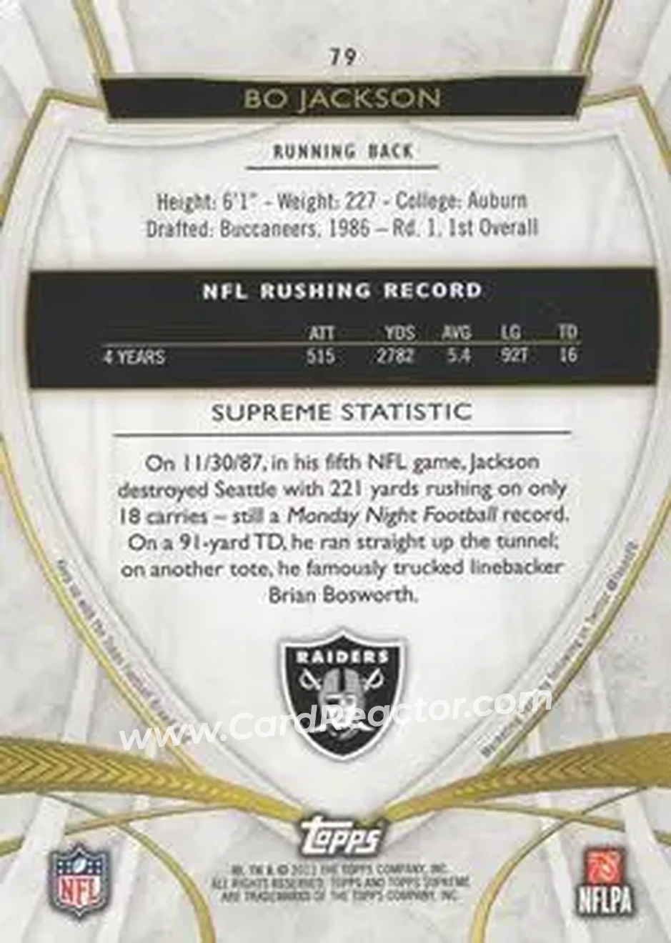 2013 Topps Supreme #79 - Bo Jackson - Los Angeles Raiders - Back