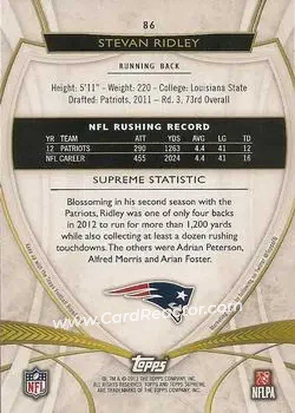 2013 Topps Supreme #86 - Stevan Ridley - New England Patriots - Back