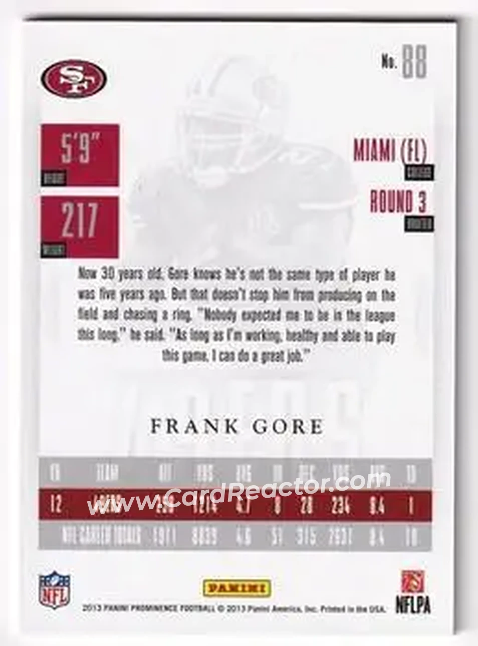 2013 Panini Prominence - Gold #88 - Frank Gore - San Francisco 49ers - Back