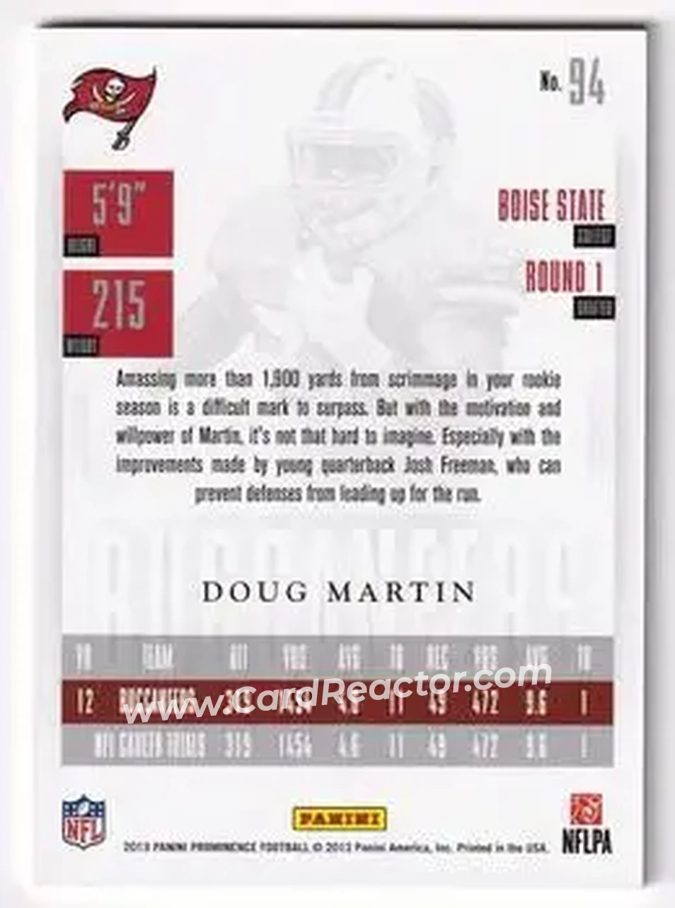 2013 Panini Prominence - Gold #94 - Doug Martin - Tampa Bay Buccaneers - Back 2013 Panini Prominence - Gold #94 - Doug Martin - Tampa Bay Buccaneers - Back
