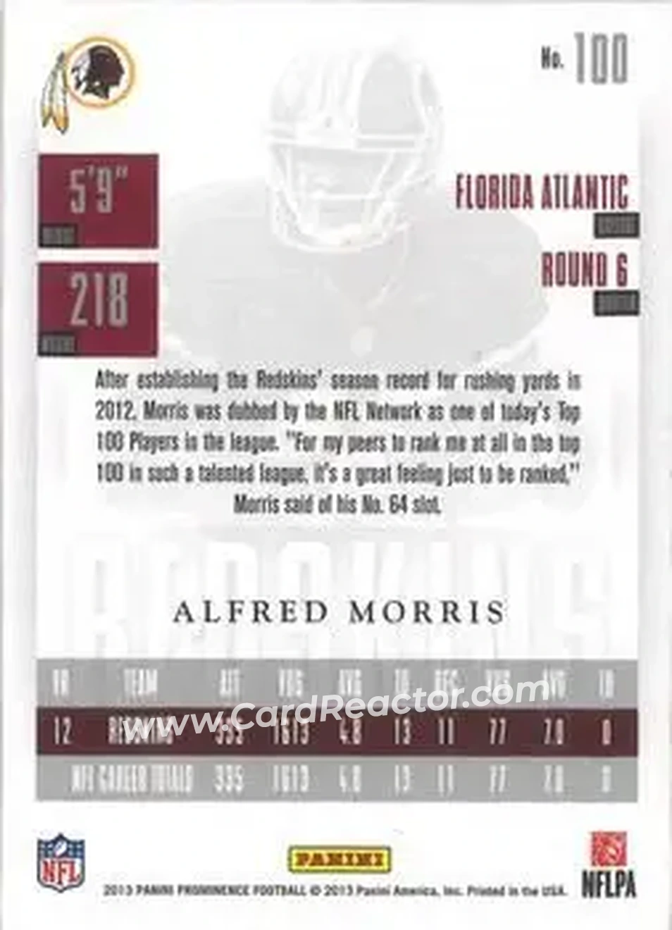 2013 Panini Prominence - Gold #100 - Alfred Morris - Washington Redskins - Back 2013 Panini Prominence - Gold #100 - Alfred Morris - Washington Redskins - Back