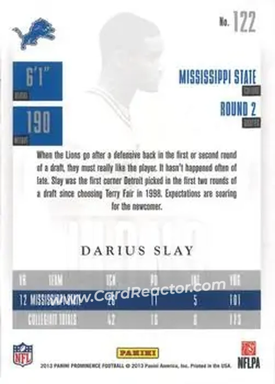 2013 Panini Prominence - Gold #122 - Darius Slay - Detroit Lions - Back 2013 Panini Prominence - Gold #122 - Darius Slay - Detroit Lions - Back