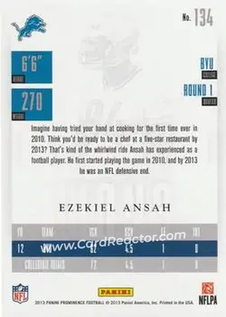 2013 Panini Prominence - Gold #134 - Ezekiel Ansah - Detroit Lions - Back