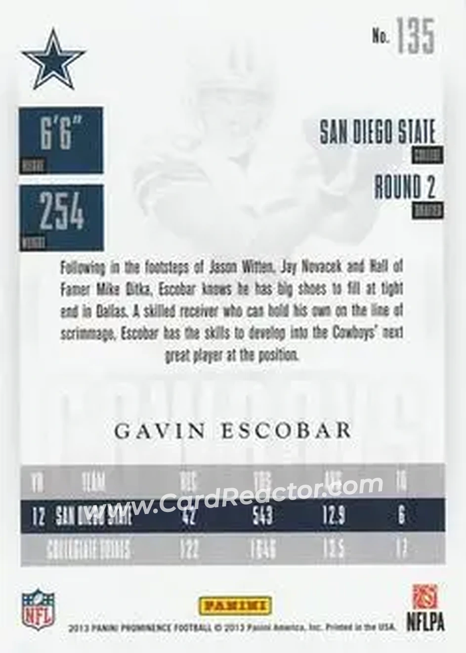2013 Panini Prominence - Gold #135 - Gavin Escobar - Dallas Cowboys - Back