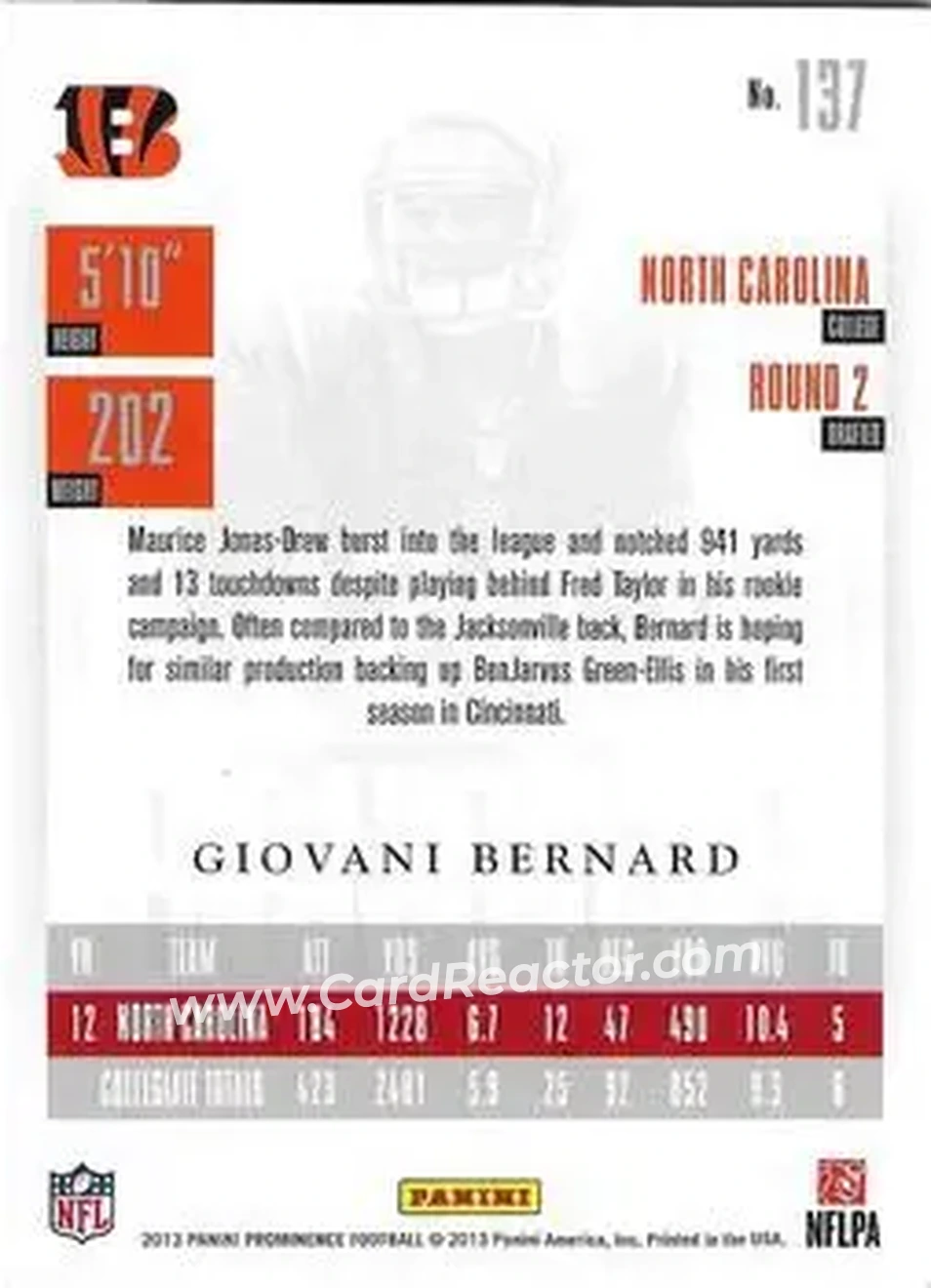 2013 Panini Prominence - Gold #137 - Giovani Bernard - Cincinnati Bengals - Back