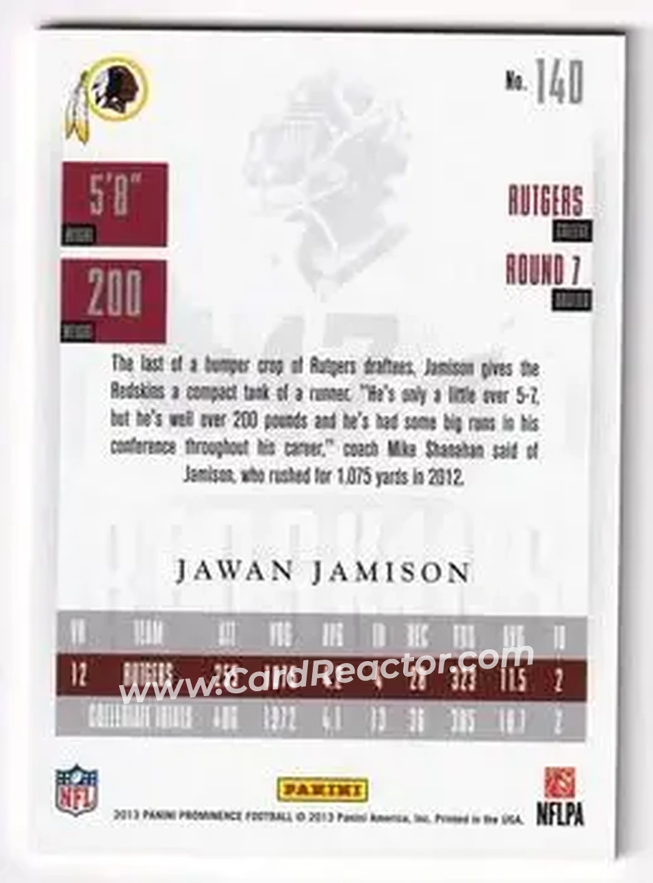 2013 Panini Prominence - Gold #140 - Jawan Jamison - Washington Redskins - Back