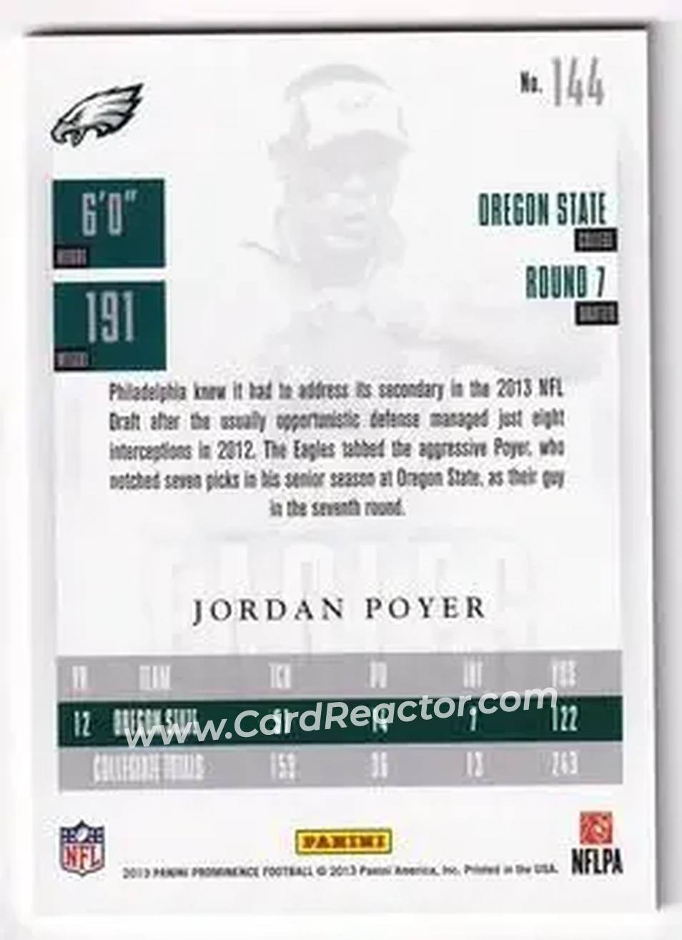 2013 Panini Prominence - Gold #144 - Jordan Poyer - Philadelphia Eagles - Back 2013 Panini Prominence - Gold #144 - Jordan Poyer - Philadelphia Eagles - Back