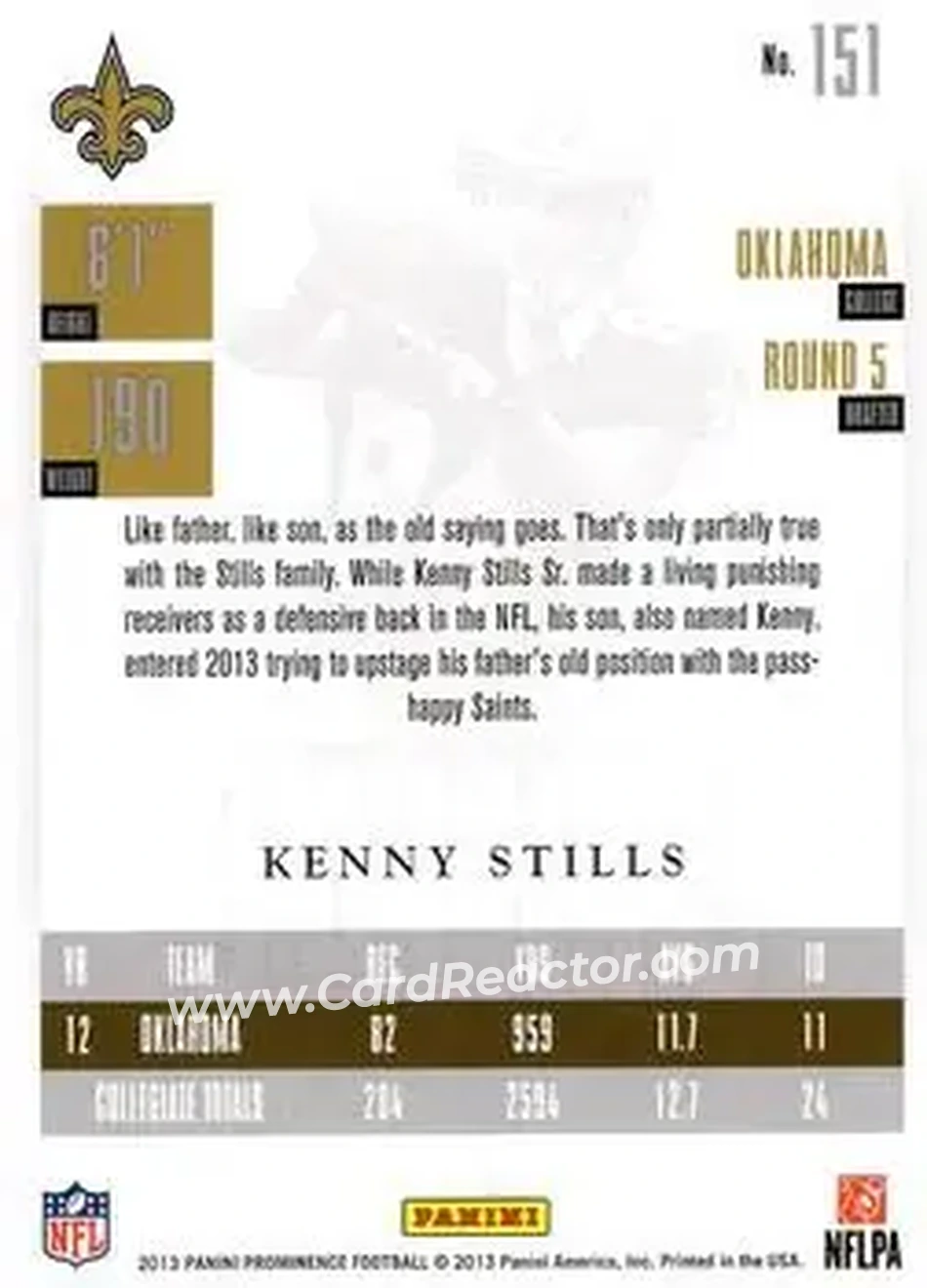 2013 Panini Prominence - Gold #151 - Kenny Stills - New Orleans Saints - Back