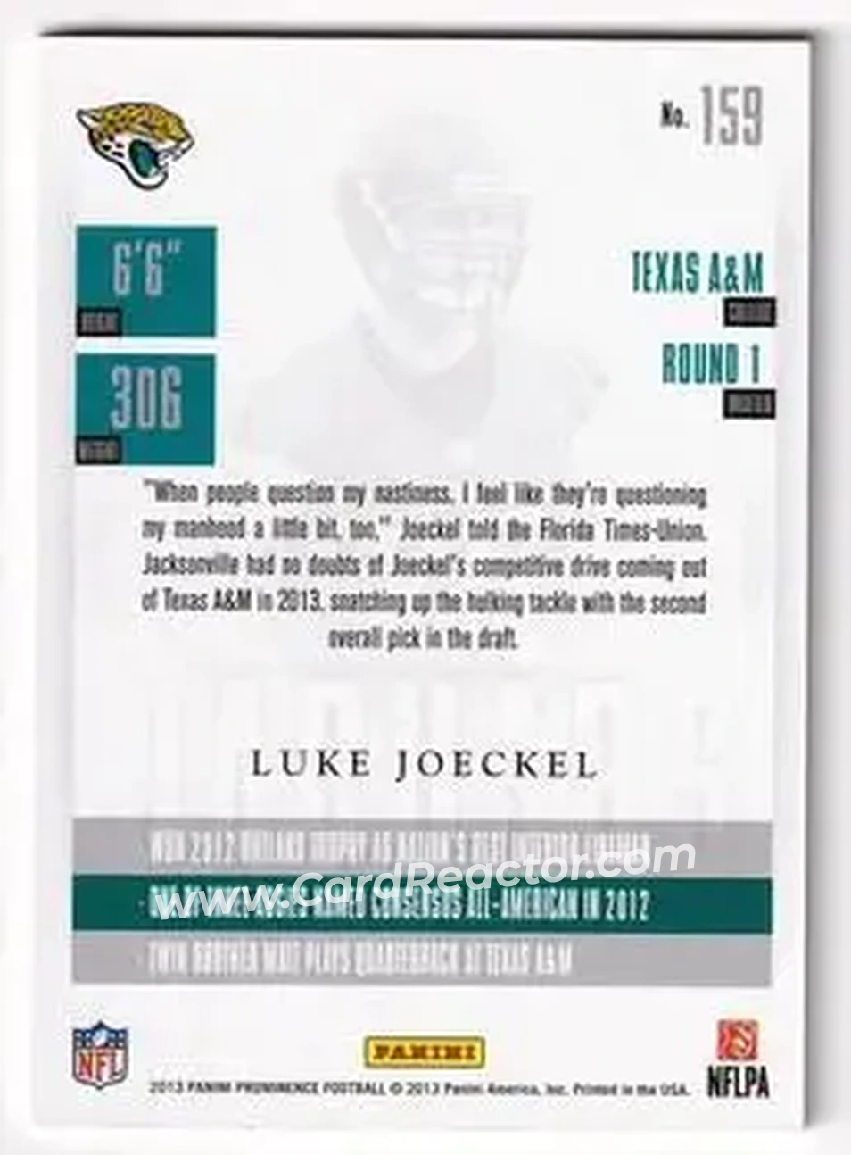 2013 Panini Prominence - Gold #159 - Luke Joeckel - Jacksonville Jaguars - Back 2013 Panini Prominence - Gold #159 - Luke Joeckel - Jacksonville Jaguars - Back