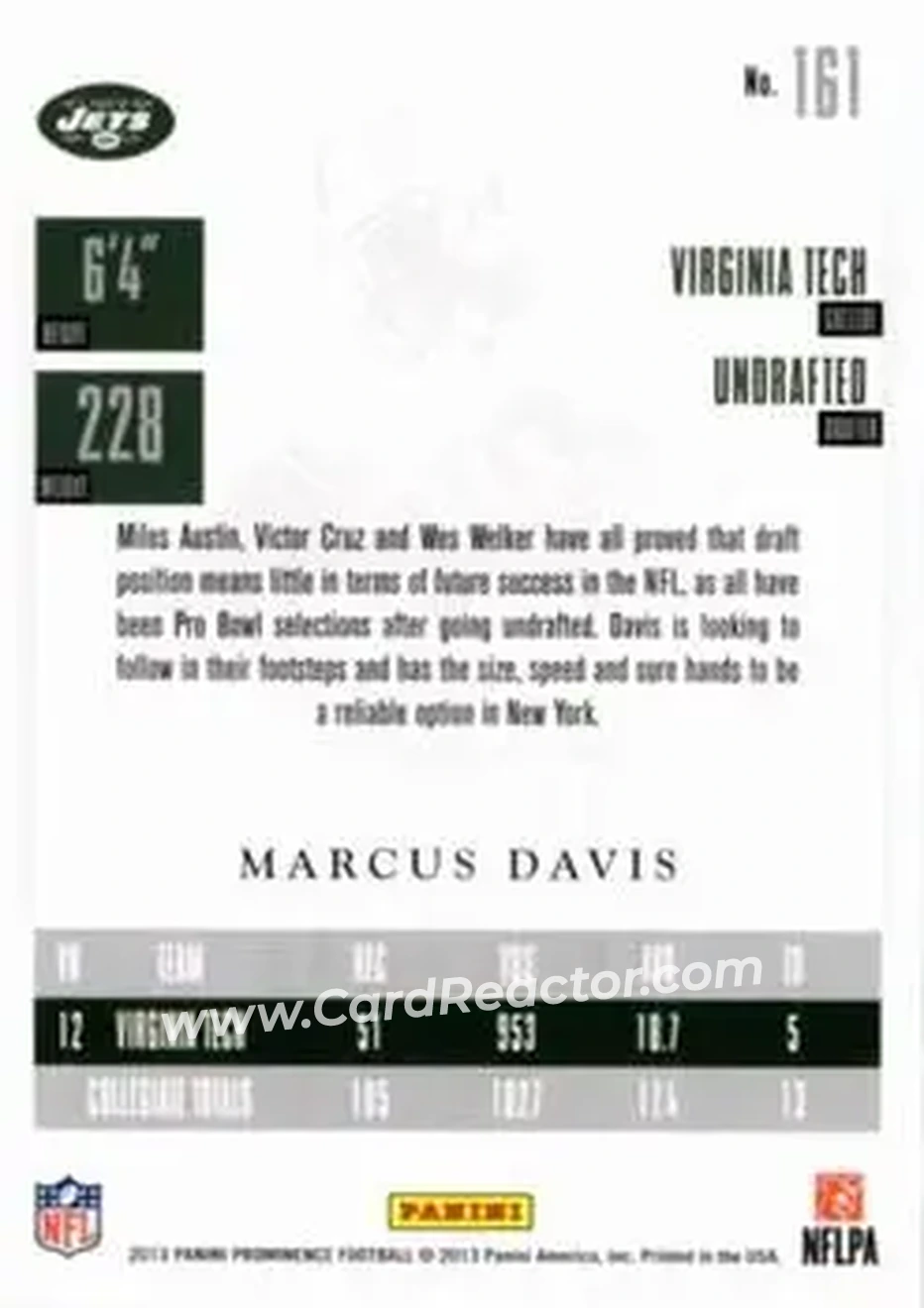 2013 Panini Prominence - Gold #161 - Marcus Davis - New York Jets - Back