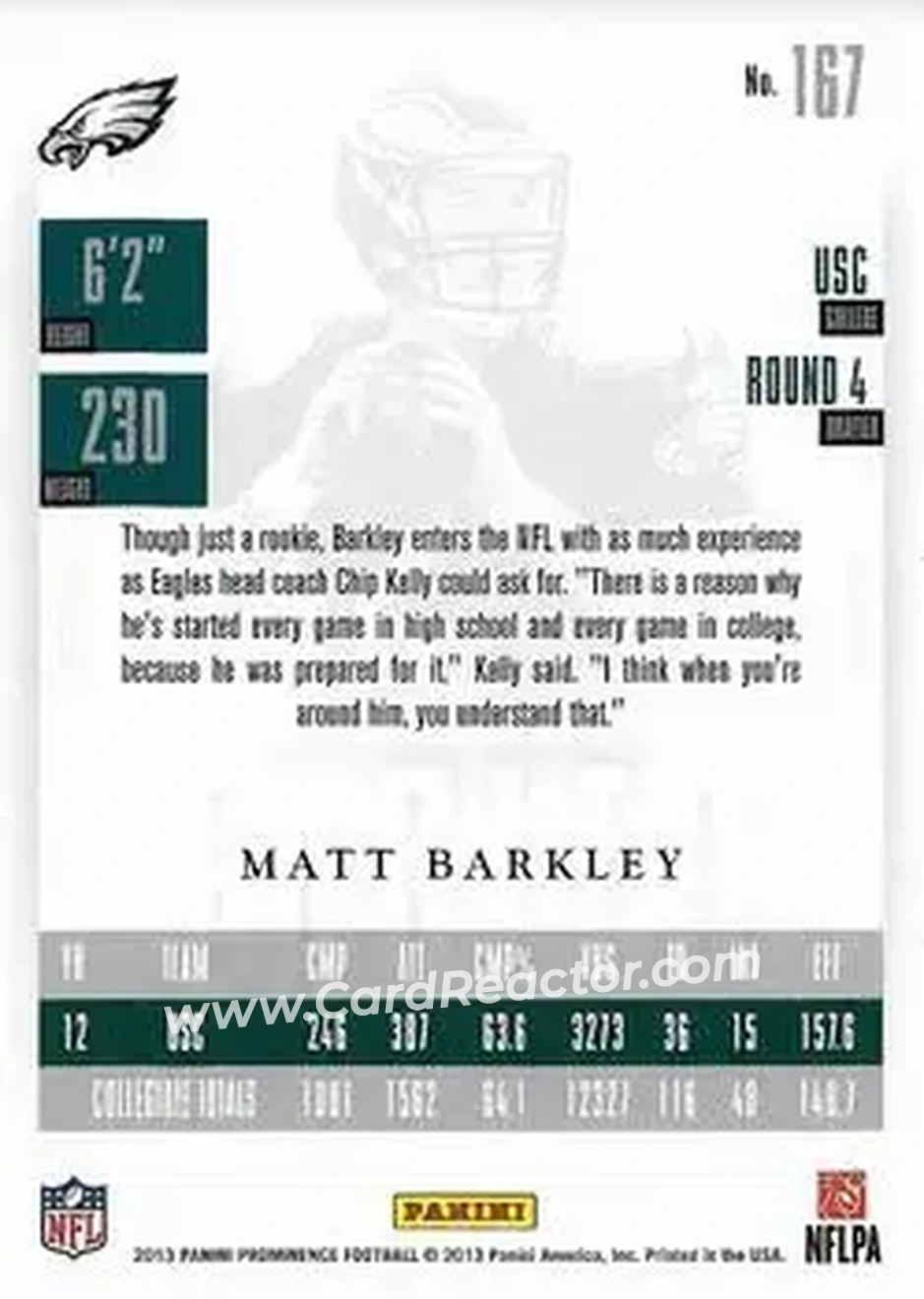 2013 Panini Prominence - Gold #167 - Matt Barkley - Philadelphia Eagles - Back 2013 Panini Prominence - Gold #167 - Matt Barkley - Philadelphia Eagles - Back