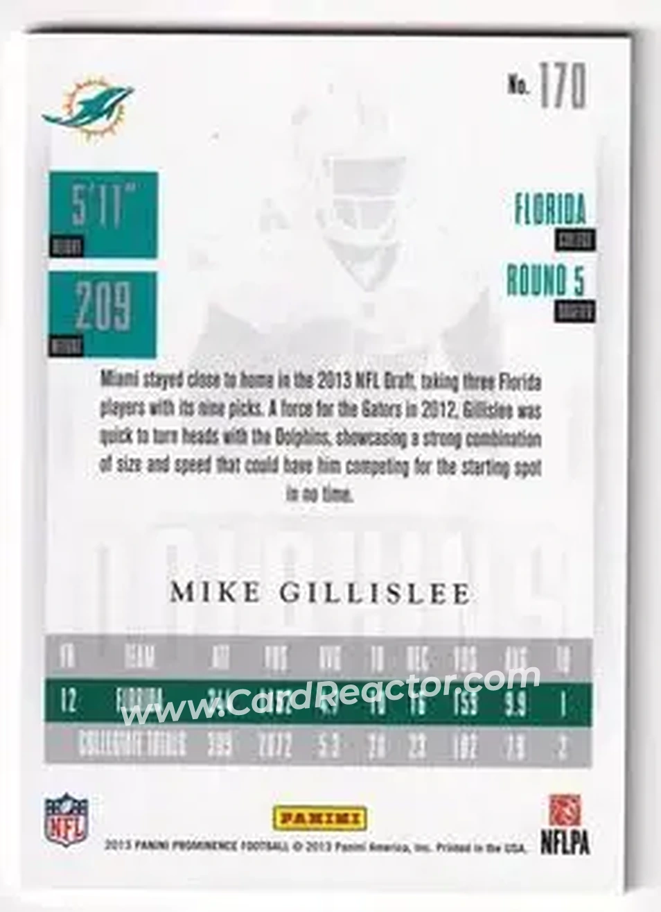 2013 Panini Prominence - Gold #170 - Mike Gillislee - Miami Dolphins - Back 2013 Panini Prominence - Gold #170 - Mike Gillislee - Miami Dolphins - Back