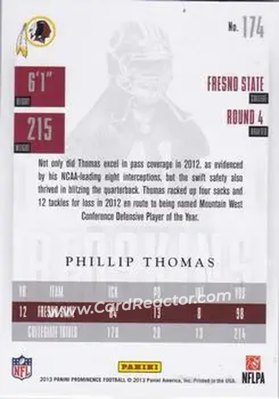 2013 Panini Prominence - Gold #174 - Phillip Thomas - Washington Redskins - Back