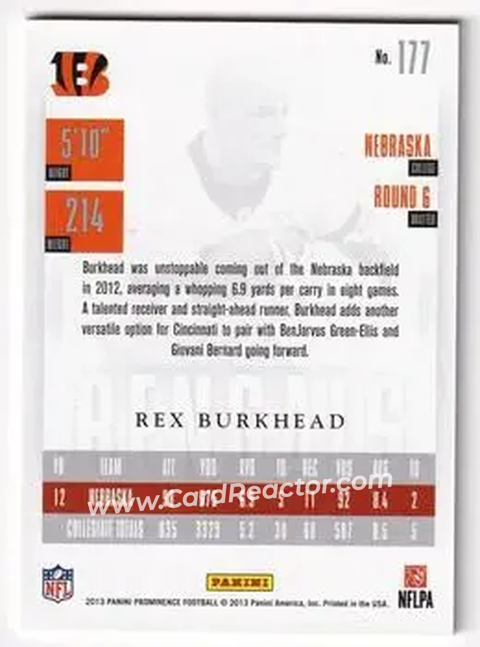2013 Panini Prominence - Gold #177 - Rex Burkhead - Cincinnati Bengals - Back