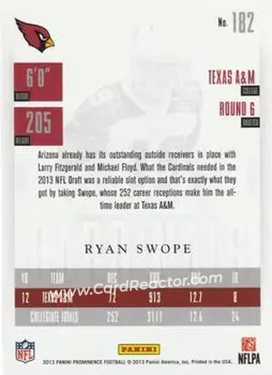 2013 Panini Prominence - Gold #182 - Ryan Swope - Arizona Cardinals - Back 2013 Panini Prominence - Gold #182 - Ryan Swope - Arizona Cardinals - Back