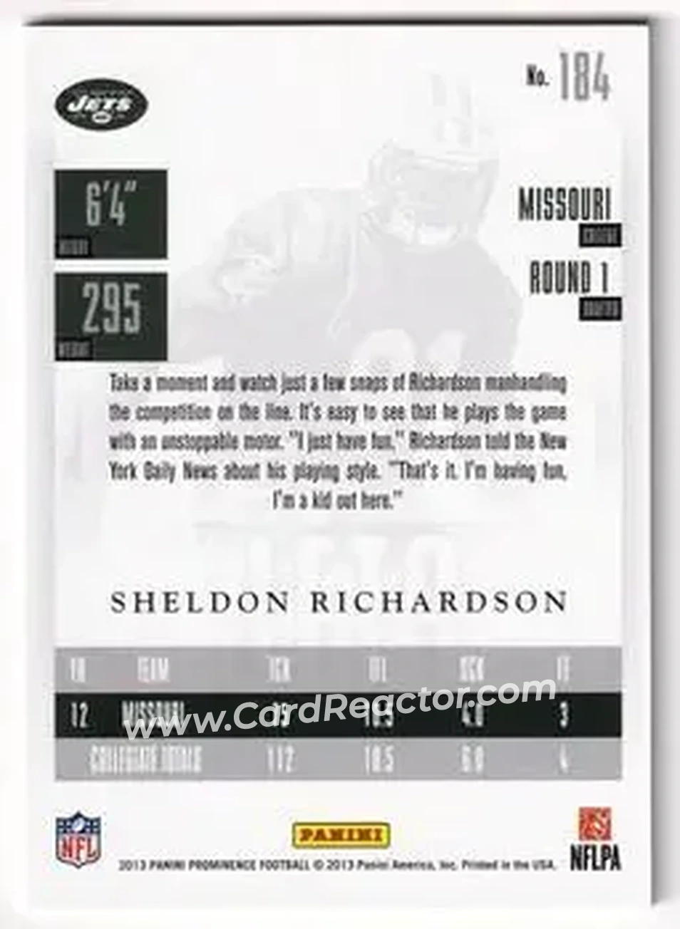 2013 Panini Prominence - Gold #184 - Sheldon Richardson - New York Jets - Back
