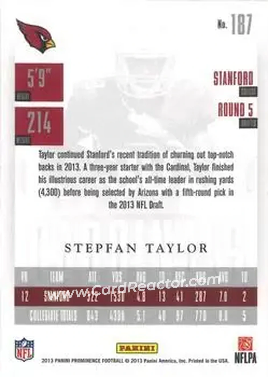 2013 Panini Prominence - Gold #187 - Stepfan Taylor - Arizona Cardinals - Back