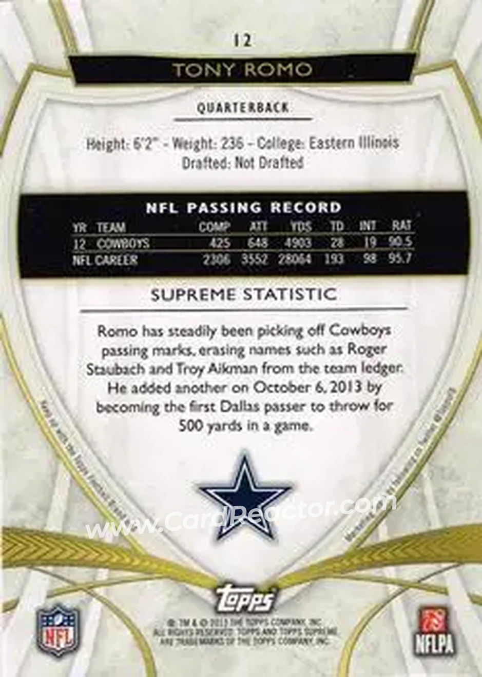 2013 Topps Supreme - Green #12 - Tony Romo - Dallas Cowboys - Back