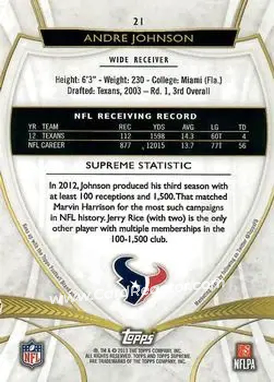 2013 Topps Supreme - Green #21 - Andre Johnson - Houston Texans - Back