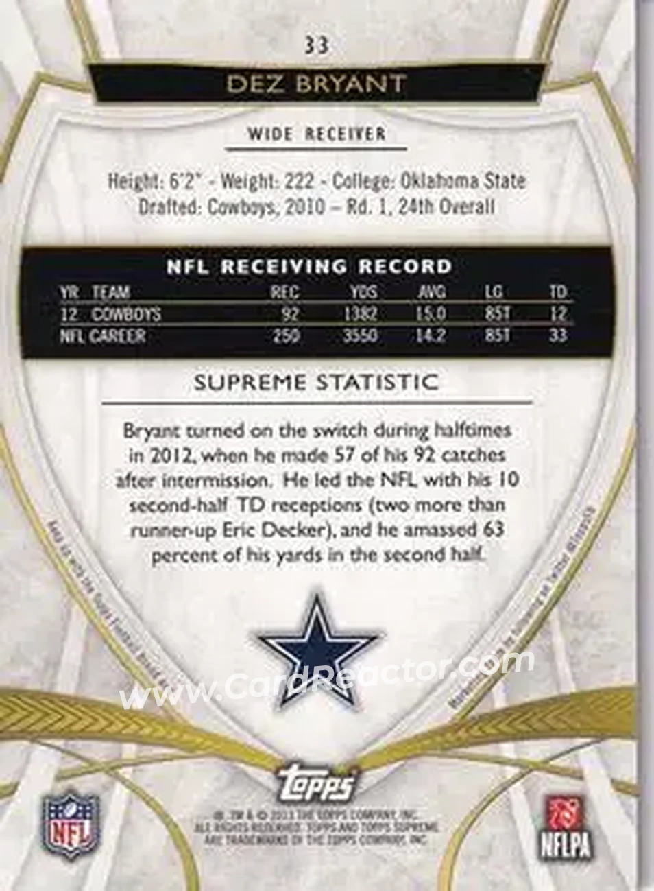2013 Topps Supreme - Green #33 - Dez Bryant - Dallas Cowboys - Back